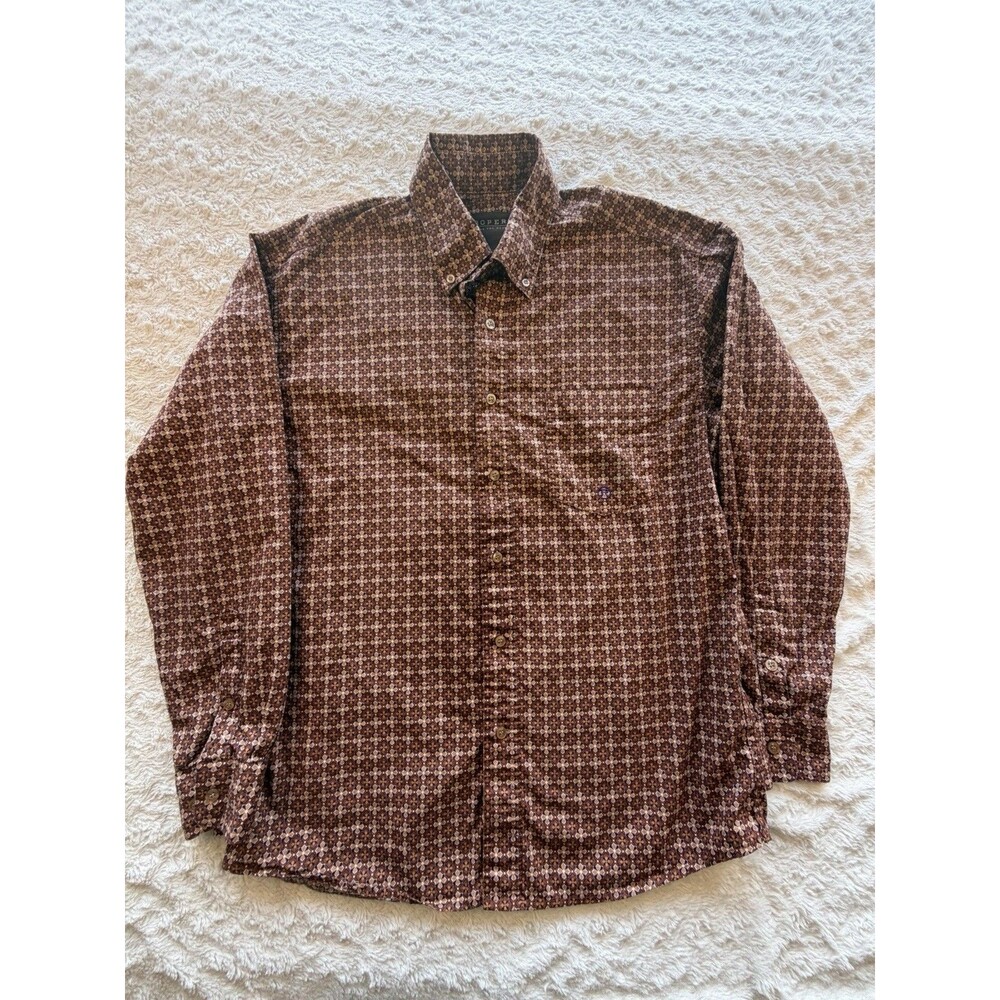 Roper Men's Brown Beige Navy Geometric Cotton Long Sleeve Button-Up Shirt M